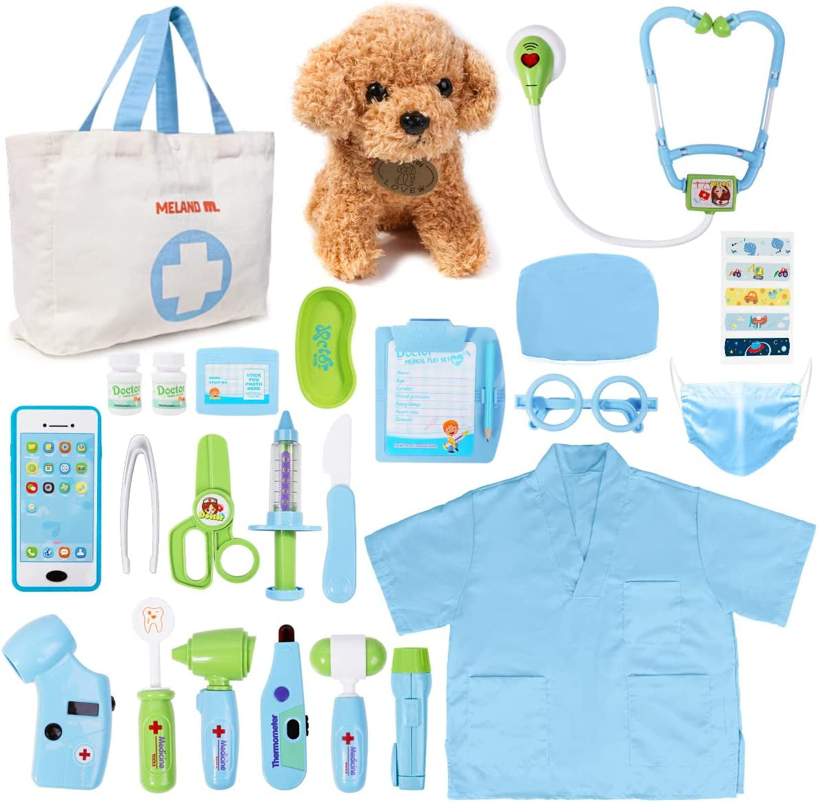 Toy Doctor Kit for Girls - Pretend Play Doctor Set with Dog Toy, Carrying Bag, Stethoscope Toy & Dress up Costume - Doctor Play Gift for Kids Toddlers Ages 3 4 5 6 Year Old for Role Play